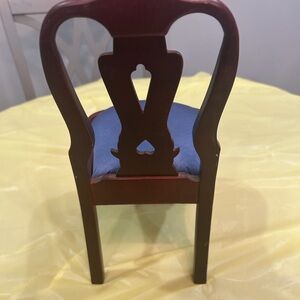 American Girl Doll Chair with Rich Brown Frame and Blue Cushion